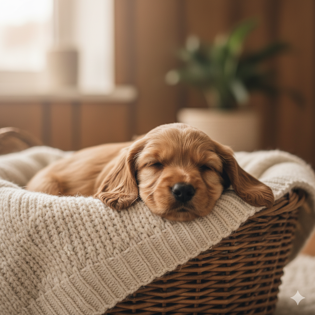 Chiot Cocker paisiblement endormi dans son panier
